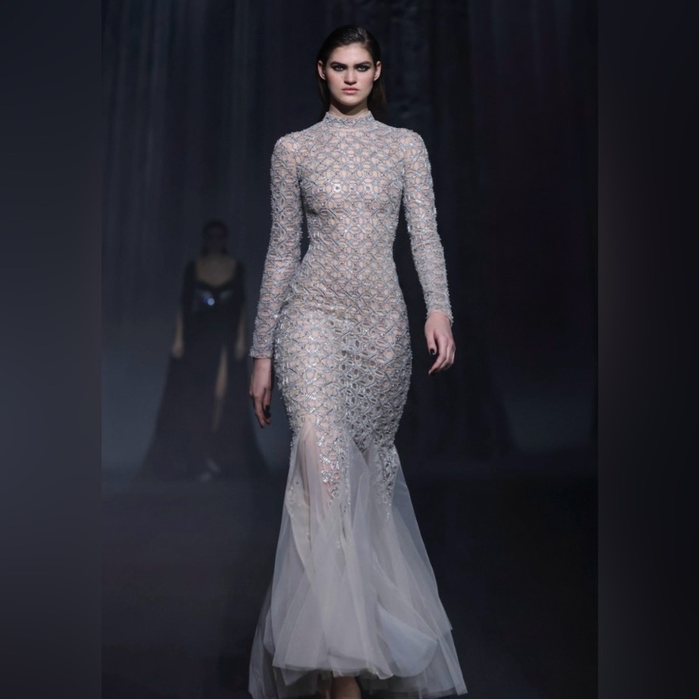 Georges Hobeika Beaded Tulle Shirt Flared Gown Maxi Dress